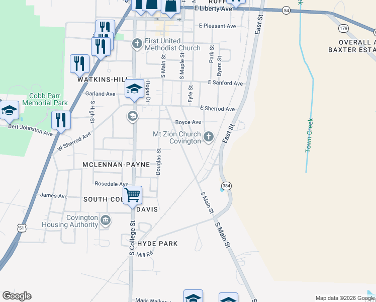 map of restaurants, bars, coffee shops, grocery stores, and more near 920 South Main Street in Covington