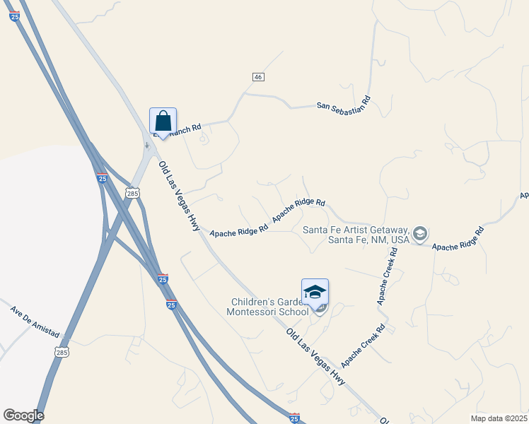 map of restaurants, bars, coffee shops, grocery stores, and more near 27 Apache Ridge Road in Santa Fe