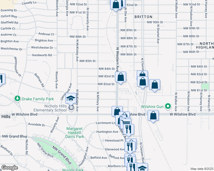map of restaurants, bars, coffee shops, grocery stores, and more near 1132 Northwest 82nd Street in Oklahoma City