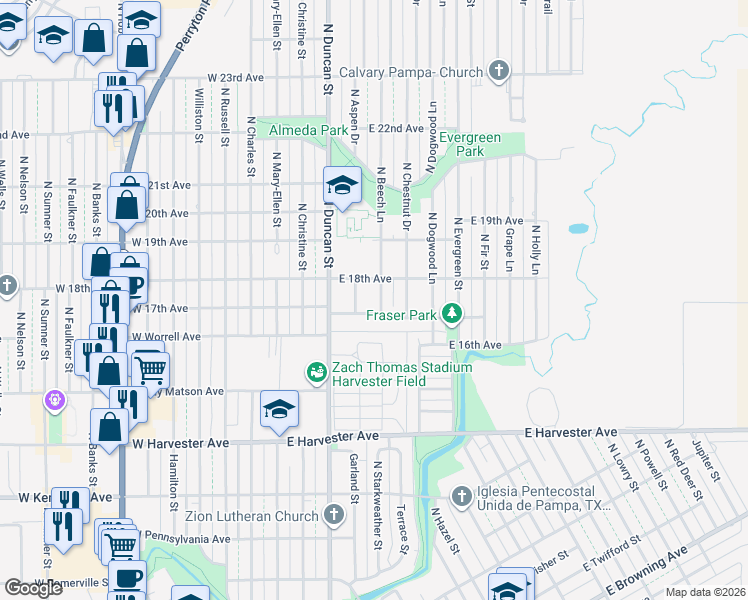 map of restaurants, bars, coffee shops, grocery stores, and more near 1710 North Beech Lane in Pampa