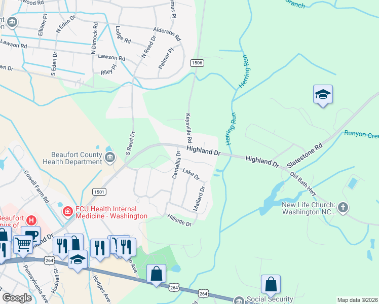 map of restaurants, bars, coffee shops, grocery stores, and more near 1595 Highland Drive in Washington