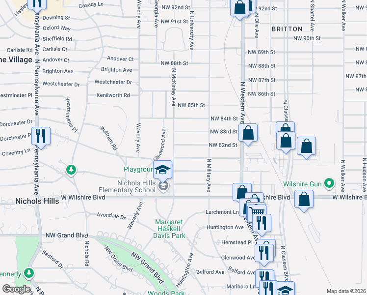 map of restaurants, bars, coffee shops, grocery stores, and more near 1236 Northwest 82nd Street in Oklahoma City