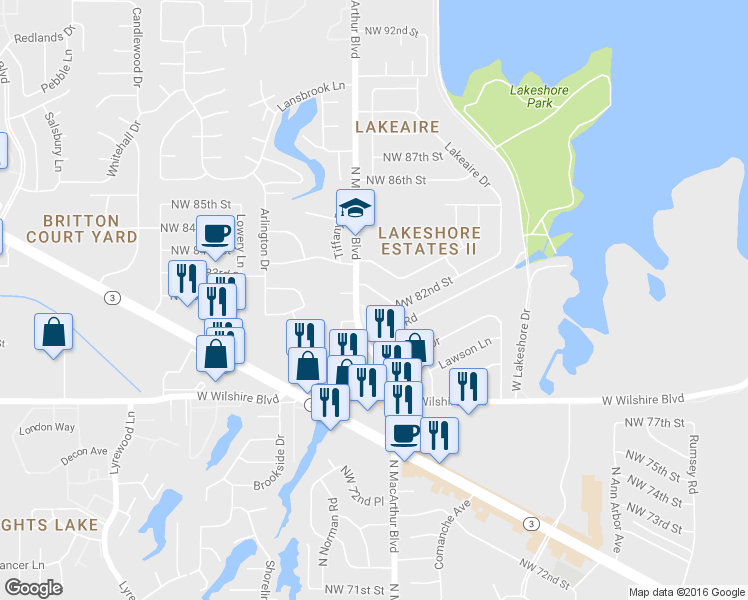 map of restaurants, bars, coffee shops, grocery stores, and more near 5824 Northwest 82nd Street in Oklahoma City