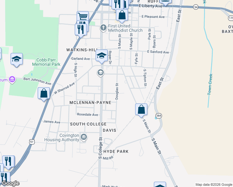 map of restaurants, bars, coffee shops, grocery stores, and more near 900 Douglas St in Covington