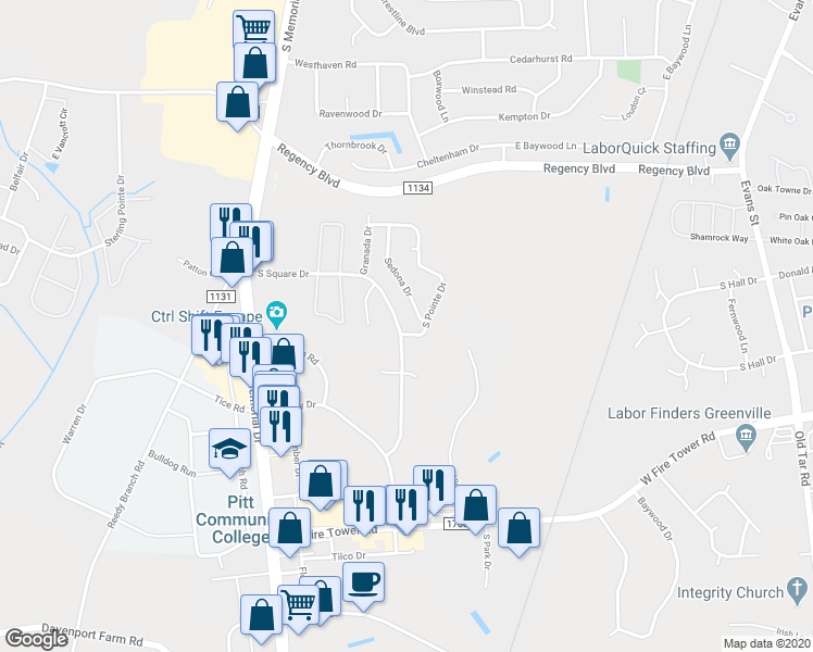 map of restaurants, bars, coffee shops, grocery stores, and more near 300 South Square Drive in Winterville