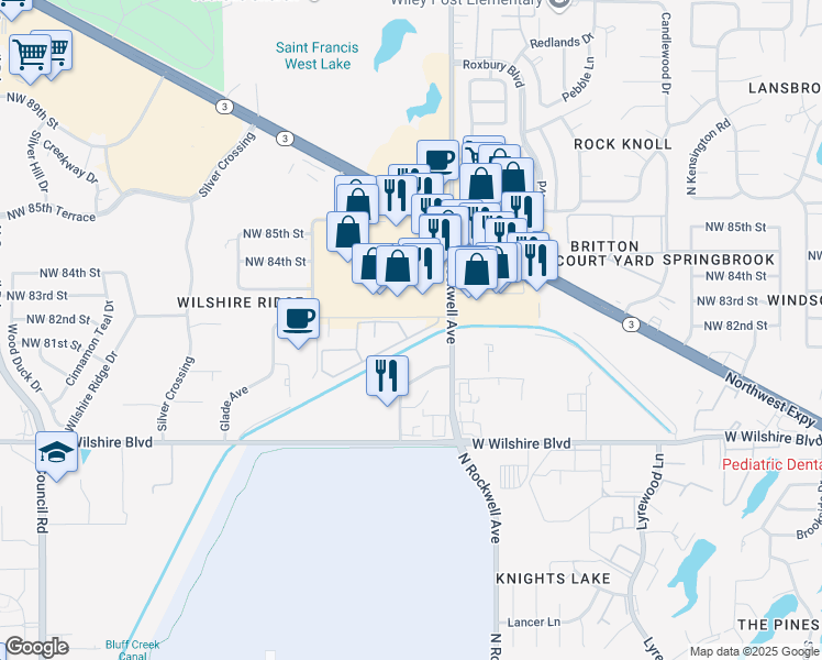 map of restaurants, bars, coffee shops, grocery stores, and more near 8205 North Rockwell Avenue in Oklahoma City