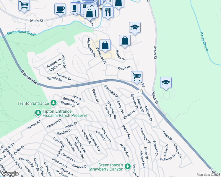 map of restaurants, bars, coffee shops, grocery stores, and more near 2541 Pierce Avenue in Cambria