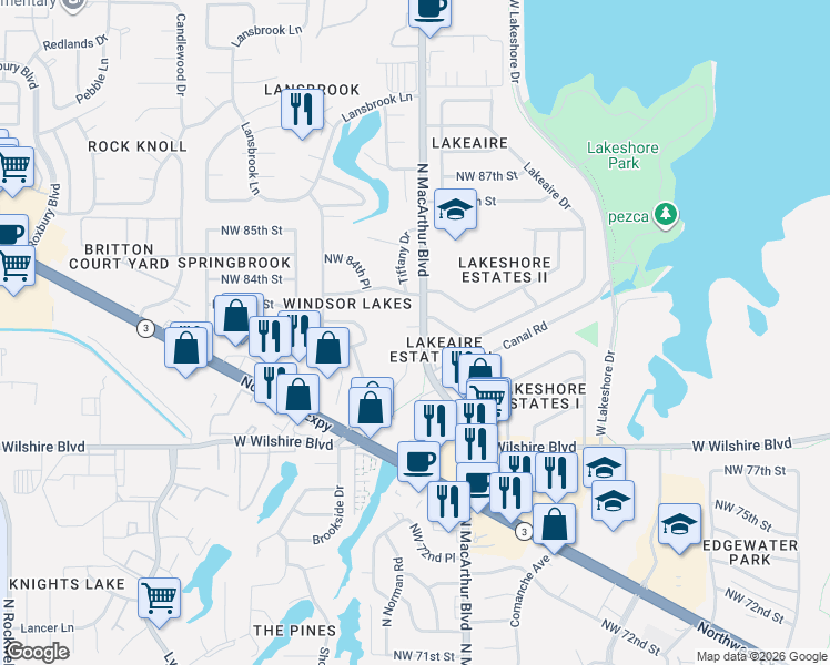 map of restaurants, bars, coffee shops, grocery stores, and more near 5908 Northwest 82nd Circle in Oklahoma City