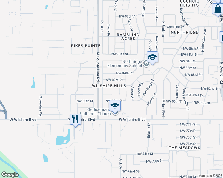 map of restaurants, bars, coffee shops, grocery stores, and more near 8912 Northwest 82nd Street in Oklahoma City