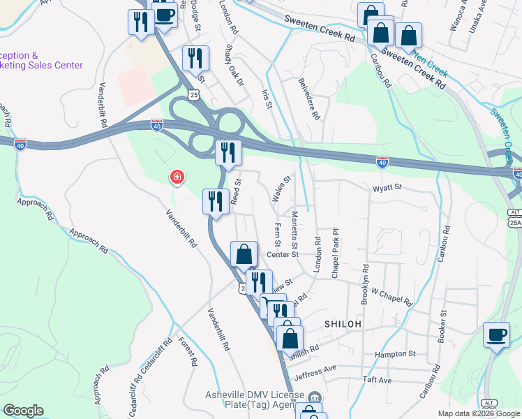 map of restaurants, bars, coffee shops, grocery stores, and more near 32 Academy Street in Asheville