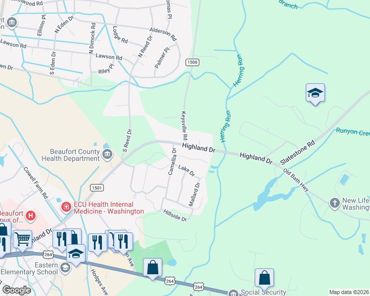 map of restaurants, bars, coffee shops, grocery stores, and more near 1595 Highland Drive in Washington