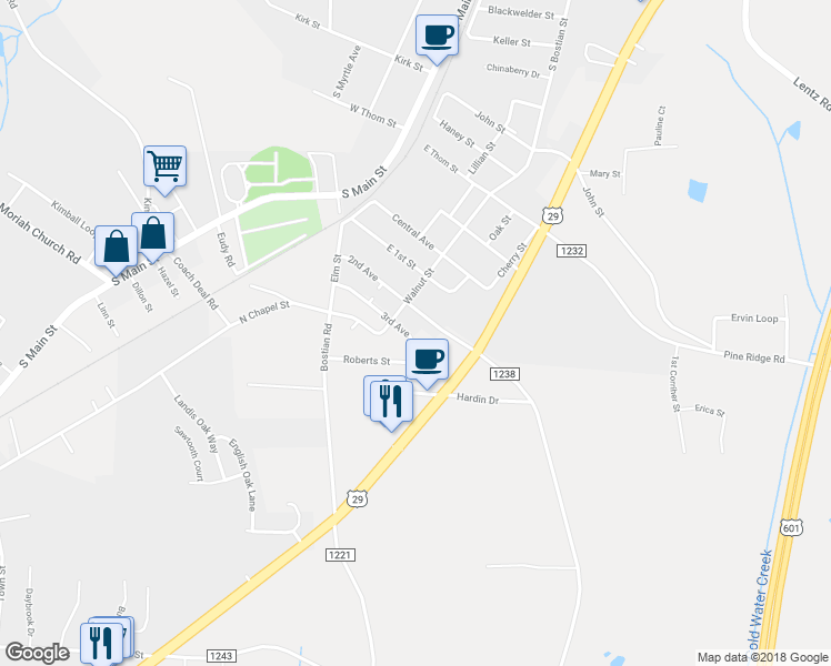 map of restaurants, bars, coffee shops, grocery stores, and more near 145 3rd Avenue in China Grove