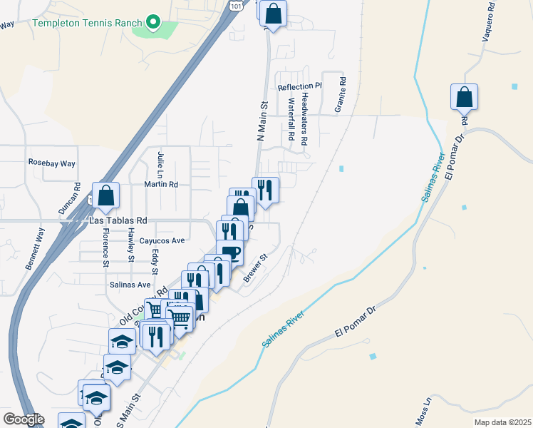map of restaurants, bars, coffee shops, grocery stores, and more near 86 Gibson Road in Templeton