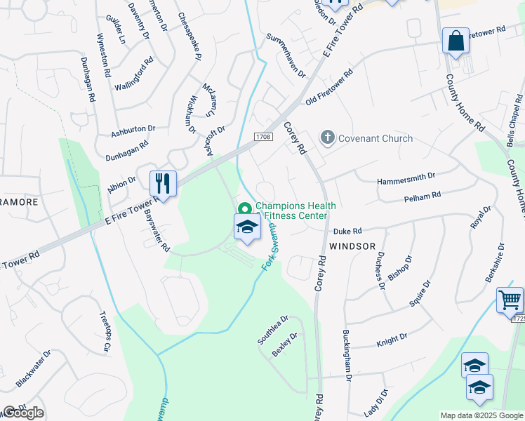 map of restaurants, bars, coffee shops, grocery stores, and more near 4116 Bridge Court in Winterville