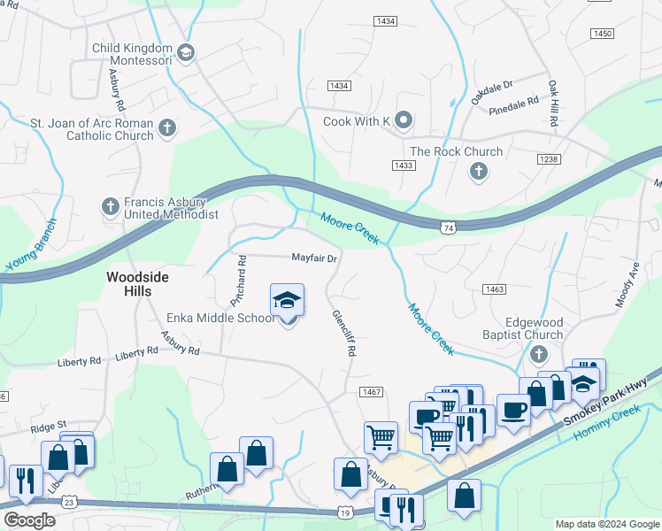 map of restaurants, bars, coffee shops, grocery stores, and more near 24 Glencliff Road in Candler