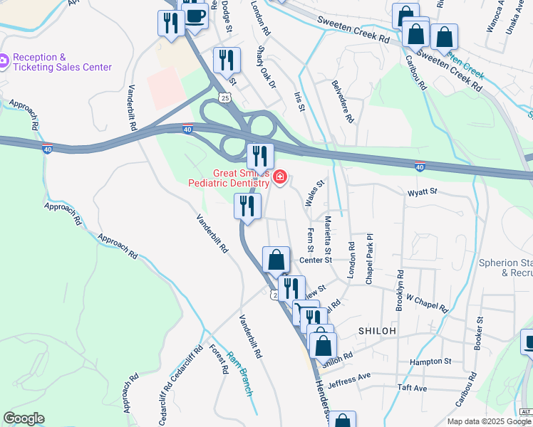 map of restaurants, bars, coffee shops, grocery stores, and more near 121B Academy Street in Asheville