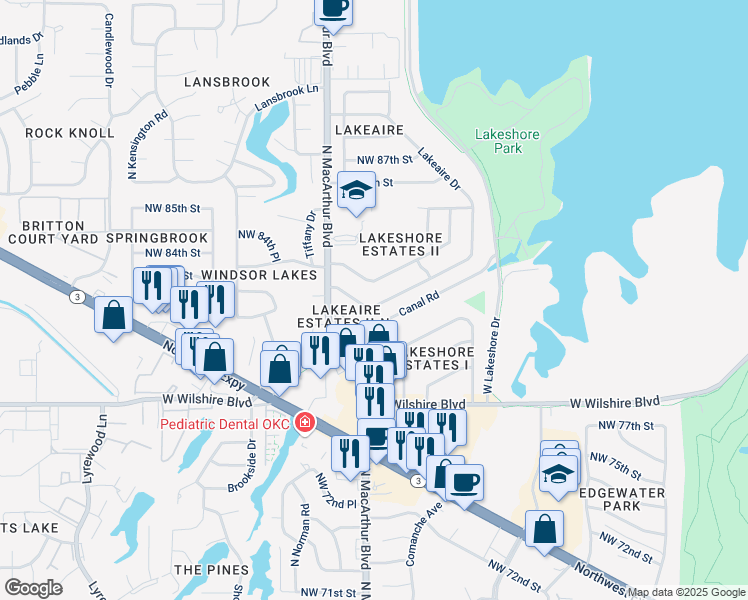 map of restaurants, bars, coffee shops, grocery stores, and more near 5801 Northwest 82nd Street in Oklahoma City