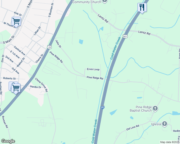map of restaurants, bars, coffee shops, grocery stores, and more near Ervin Loop in China Grove