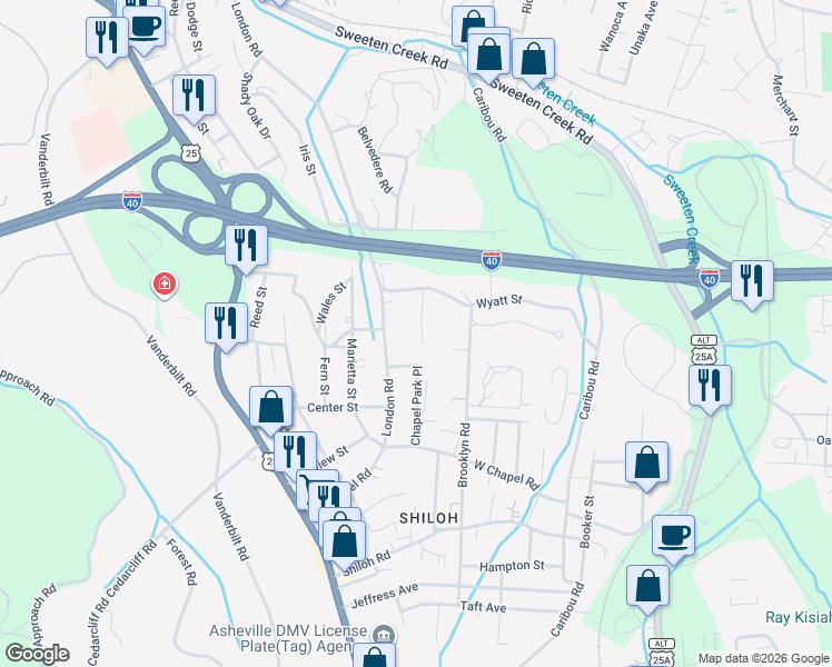map of restaurants, bars, coffee shops, grocery stores, and more near 37 Chapel Park Rd in Asheville