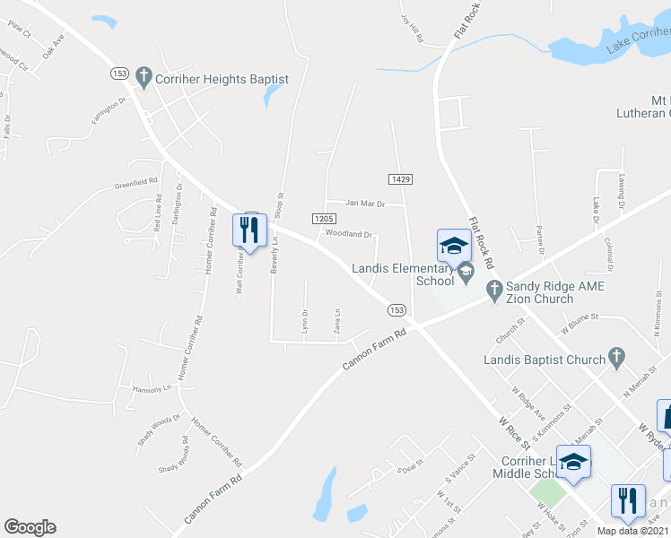 map of restaurants, bars, coffee shops, grocery stores, and more near 1115 North Carolina 153 in China Grove