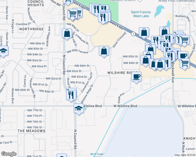 map of restaurants, bars, coffee shops, grocery stores, and more near 8236 Wilshire Ridge Drive in Oklahoma City