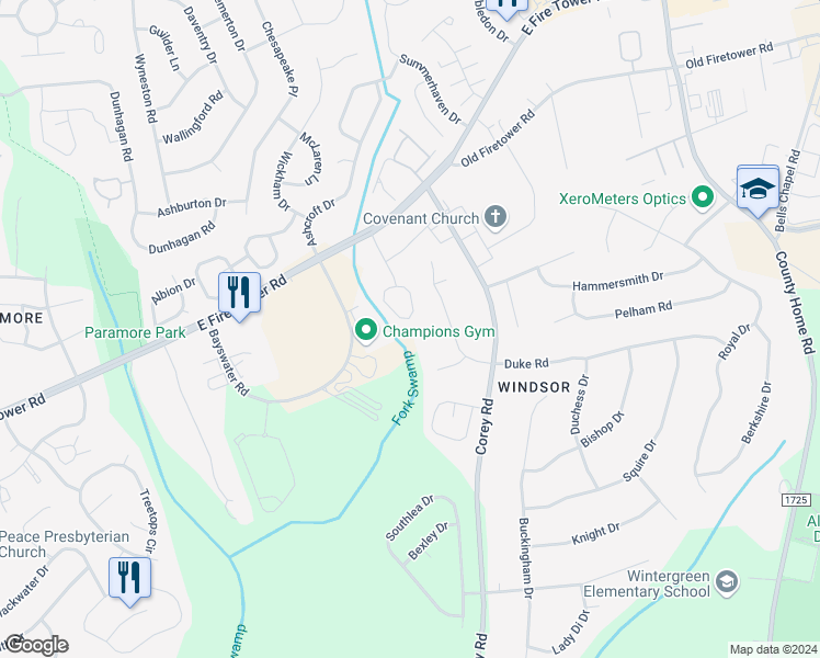 map of restaurants, bars, coffee shops, grocery stores, and more near 4122 Bridge Court in Winterville