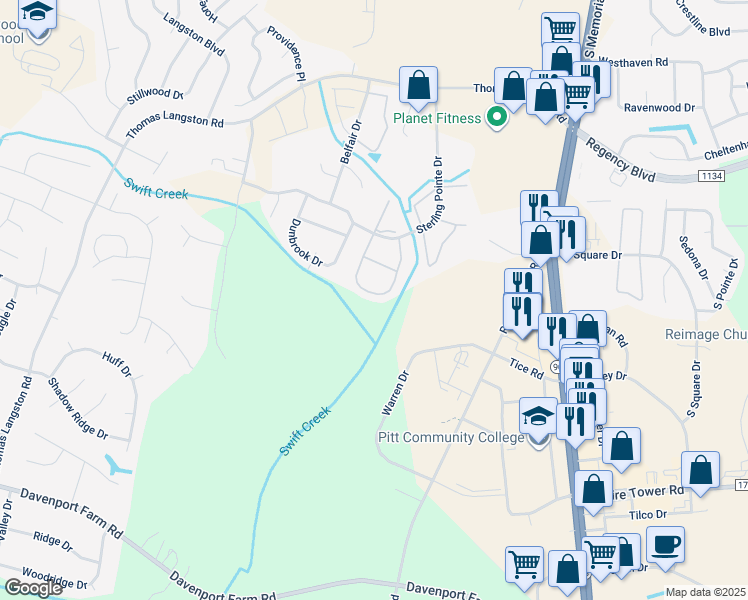 map of restaurants, bars, coffee shops, grocery stores, and more near 3965 Sterling Pointe Drive in Winterville