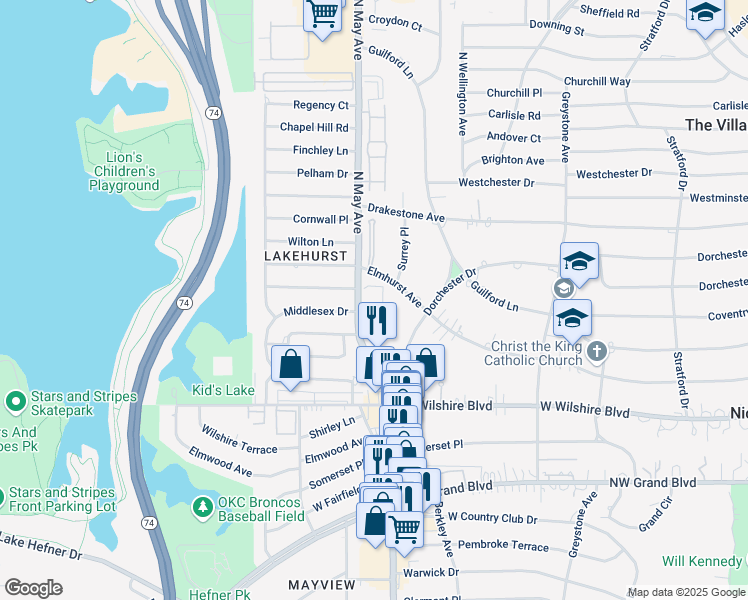 map of restaurants, bars, coffee shops, grocery stores, and more near 8106 North May Avenue in Oklahoma City