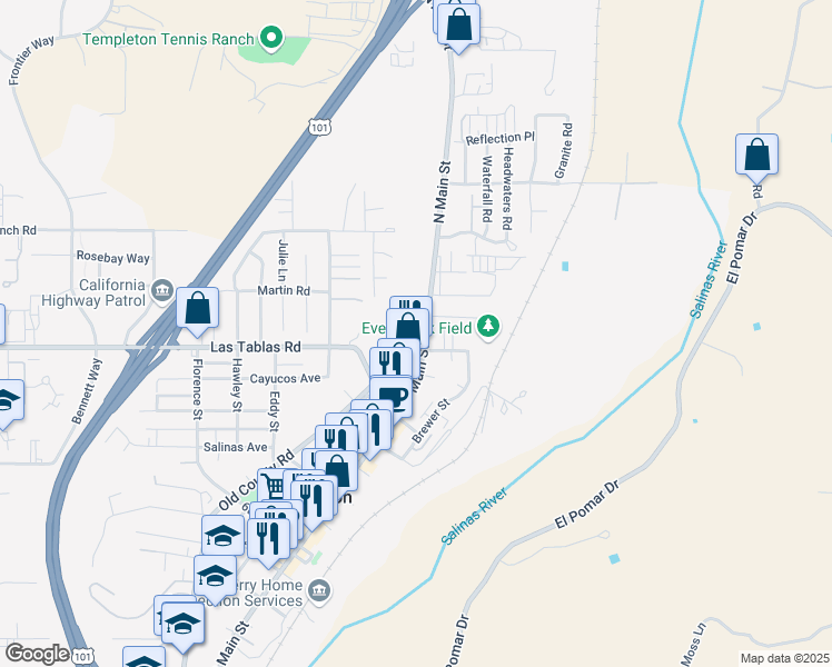 map of restaurants, bars, coffee shops, grocery stores, and more near 30 South Main Street in Templeton