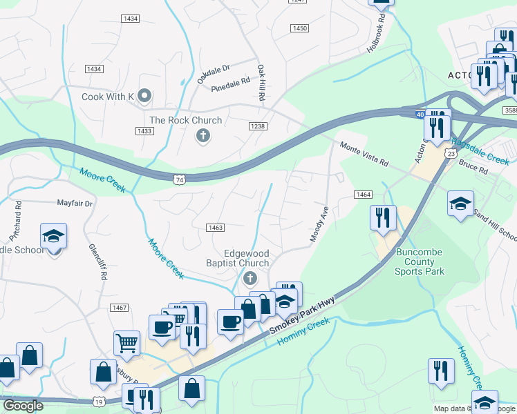 map of restaurants, bars, coffee shops, grocery stores, and more near 9 Mosers Place in Candler