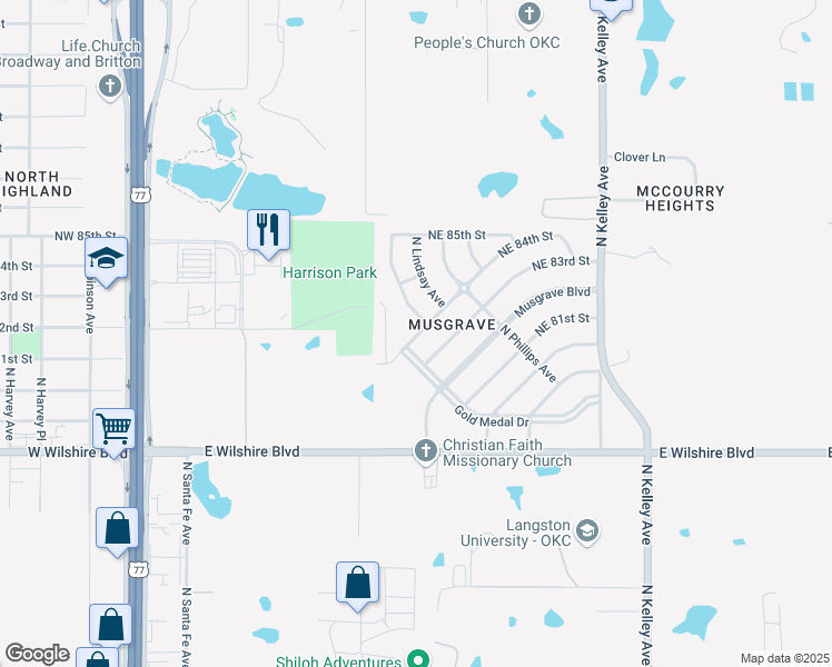 map of restaurants, bars, coffee shops, grocery stores, and more near 709 Northeast 84th Street in Oklahoma City