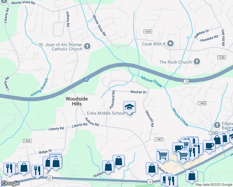 map of restaurants, bars, coffee shops, grocery stores, and more near 350 Pritchard Road in Candler