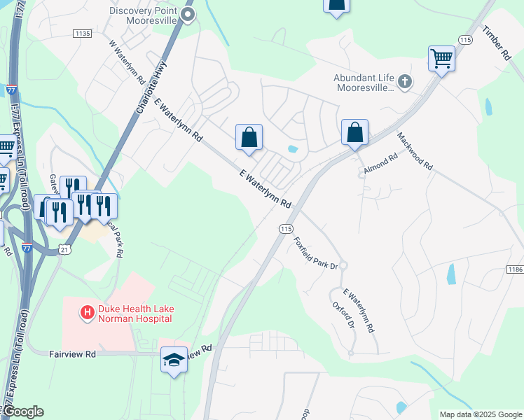 map of restaurants, bars, coffee shops, grocery stores, and more near 244 East Waterlynn Road in Mooresville
