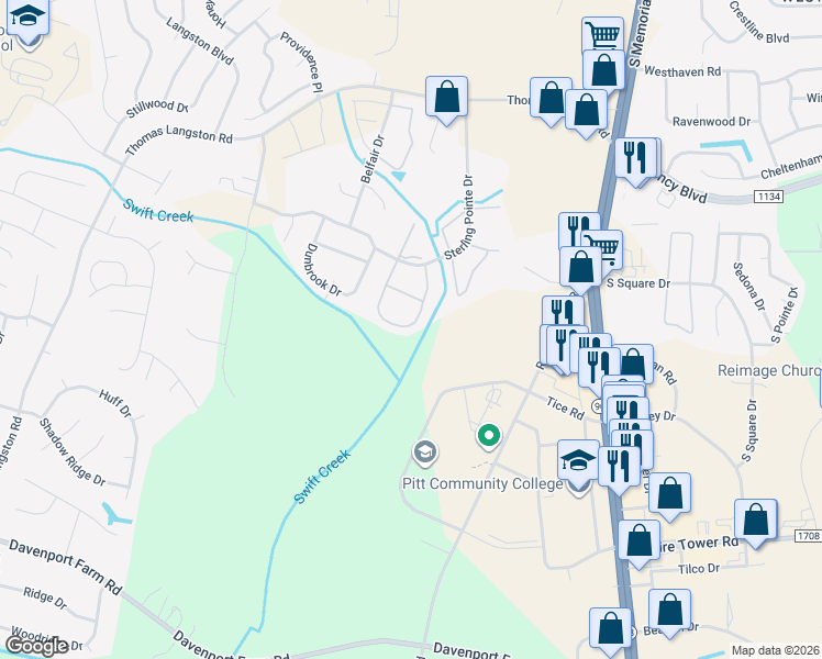 map of restaurants, bars, coffee shops, grocery stores, and more near 3965 Sterling Pointe Drive in Winterville