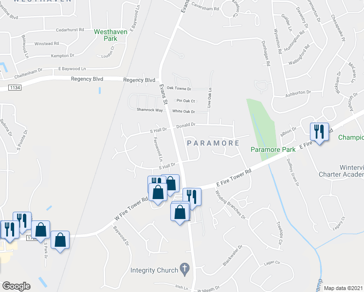 map of restaurants, bars, coffee shops, grocery stores, and more near 4008 Cindi Lane in Winterville