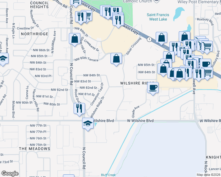 map of restaurants, bars, coffee shops, grocery stores, and more near 8236 Wilshire Ridge Drive in Oklahoma City