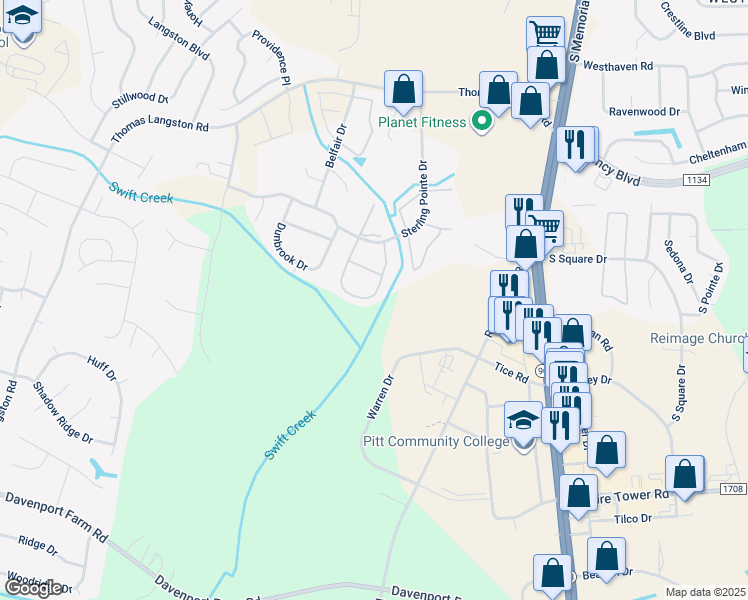 map of restaurants, bars, coffee shops, grocery stores, and more near 3965 Sterling Pointe Drive in Winterville