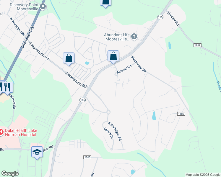 map of restaurants, bars, coffee shops, grocery stores, and more near Market Road in Mooresville