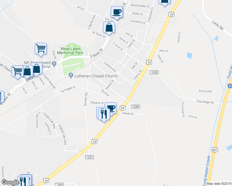 map of restaurants, bars, coffee shops, grocery stores, and more near 144A 2nd Avenue in China Grove