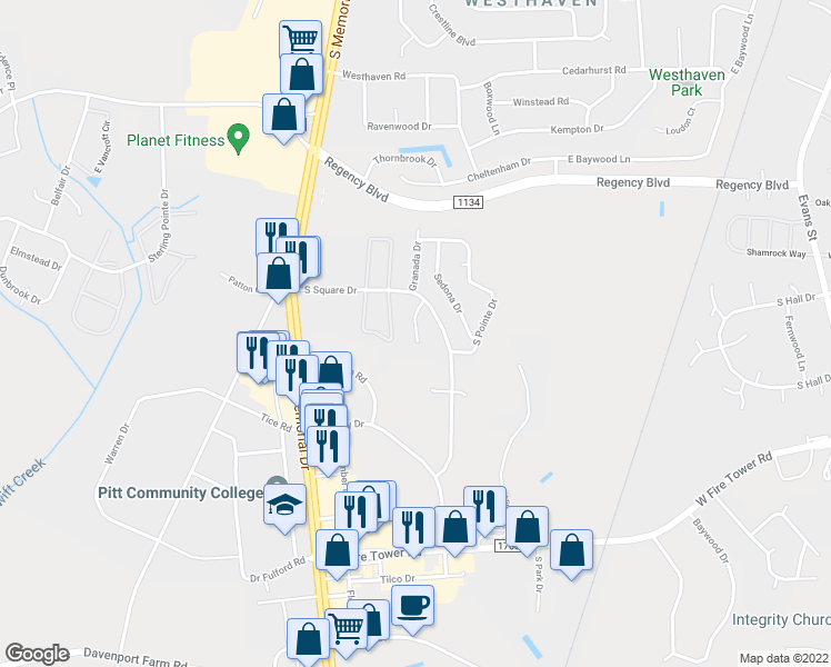 map of restaurants, bars, coffee shops, grocery stores, and more near 4021 Lucerne Court in Winterville