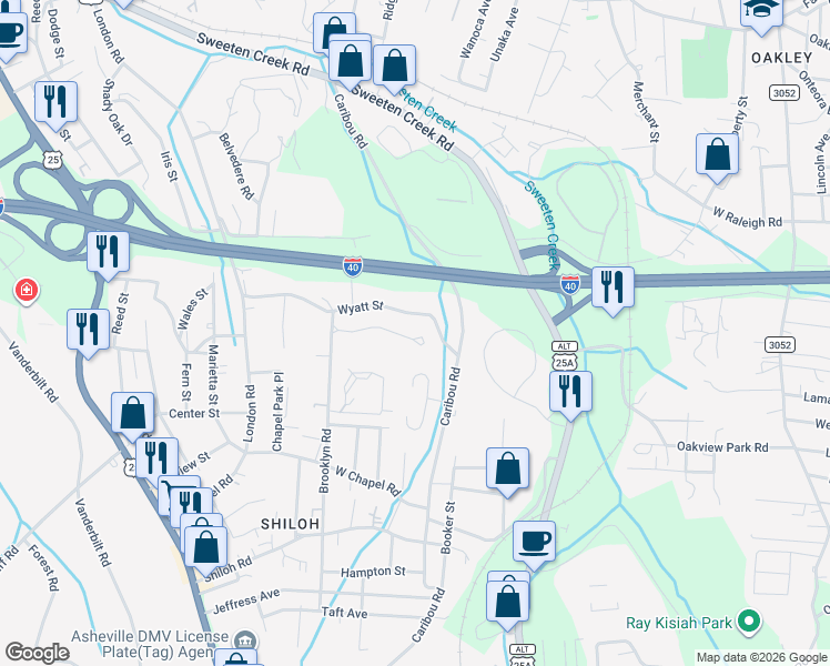 map of restaurants, bars, coffee shops, grocery stores, and more near 53 High Meadow Road in Asheville