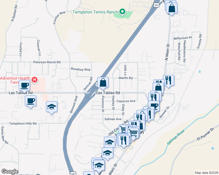 map of restaurants, bars, coffee shops, grocery stores, and more near 196 Rowan Way in Templeton