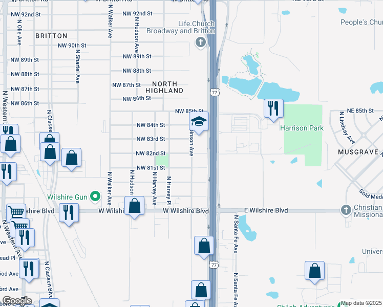 map of restaurants, bars, coffee shops, grocery stores, and more near 199 Northwest 82nd Street in Oklahoma City
