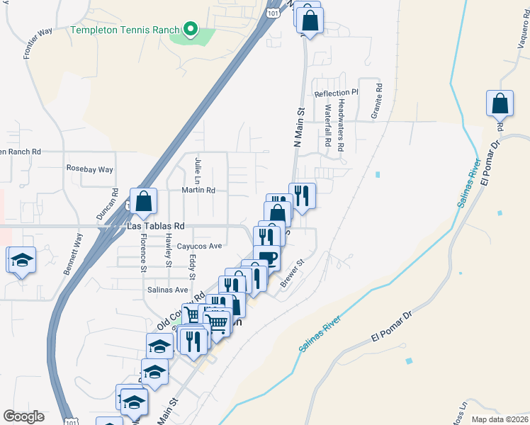 map of restaurants, bars, coffee shops, grocery stores, and more near 42 Old County Road in Templeton