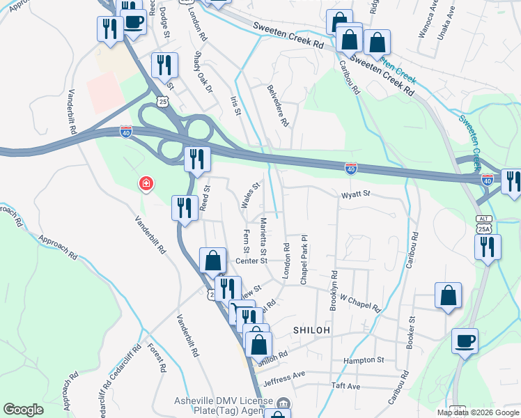 map of restaurants, bars, coffee shops, grocery stores, and more near 801 Academy Street in Asheville