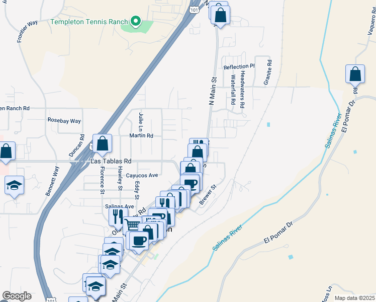 map of restaurants, bars, coffee shops, grocery stores, and more near 96 Old County Road in Templeton