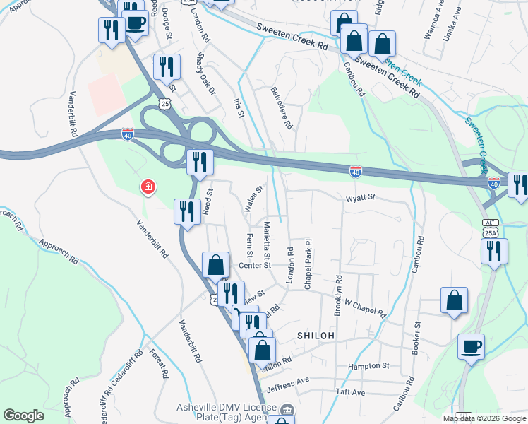 map of restaurants, bars, coffee shops, grocery stores, and more near 801 Academy Street in Asheville