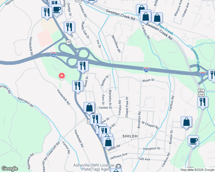 map of restaurants, bars, coffee shops, grocery stores, and more near 801 Academy Street in Asheville