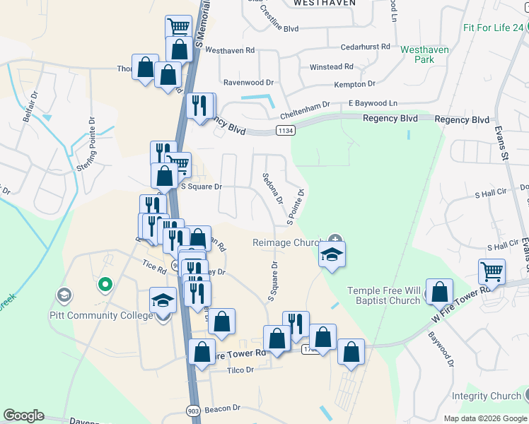 map of restaurants, bars, coffee shops, grocery stores, and more near 301 South Pointe Drive in Winterville