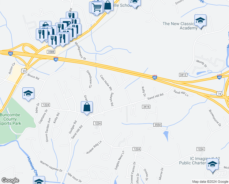 map of restaurants, bars, coffee shops, grocery stores, and more near 39 Selwyn Road in Asheville